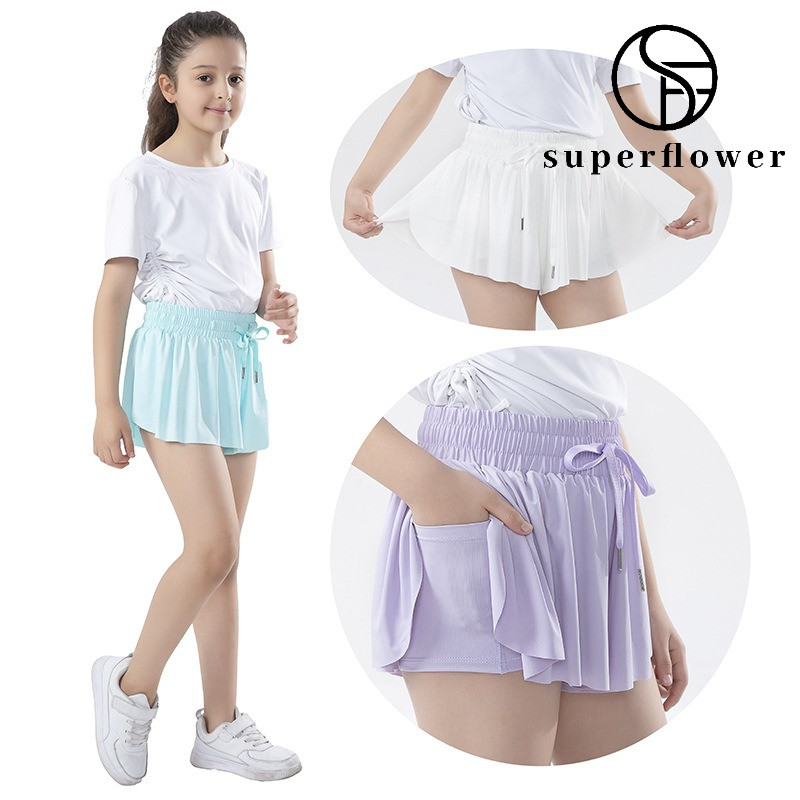 SUPERFLOWER กางเกงกระโปรงวิ่งลายแมลงปอสำหรับเด็กผู้หญิง พร้อมกระเป๋า
