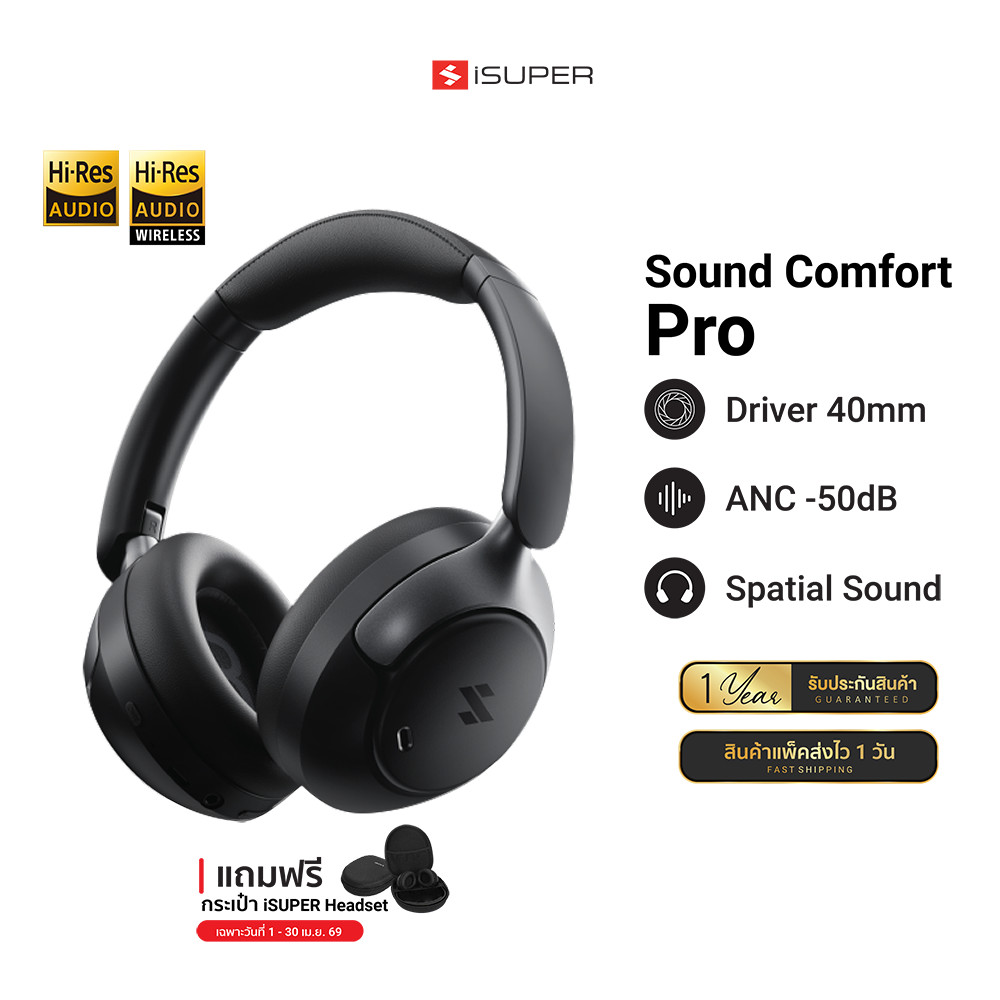 [ลดเหลือ 1432] iSUPER SOUND COMFORT PRO หูฟังครอบหู Headphone รองรับ Hi-Res Wireless LDAC ANC ใช้คู่