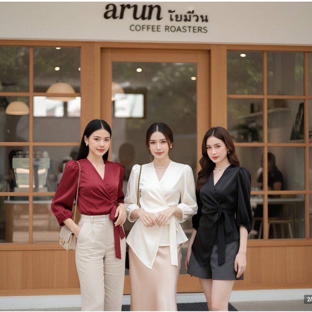 เสื้อคอวีช่วยให้คอดูระหงทรงป้ายหน้าผูกโบว์ข้างเสริมความมั่ รูปที่ 5