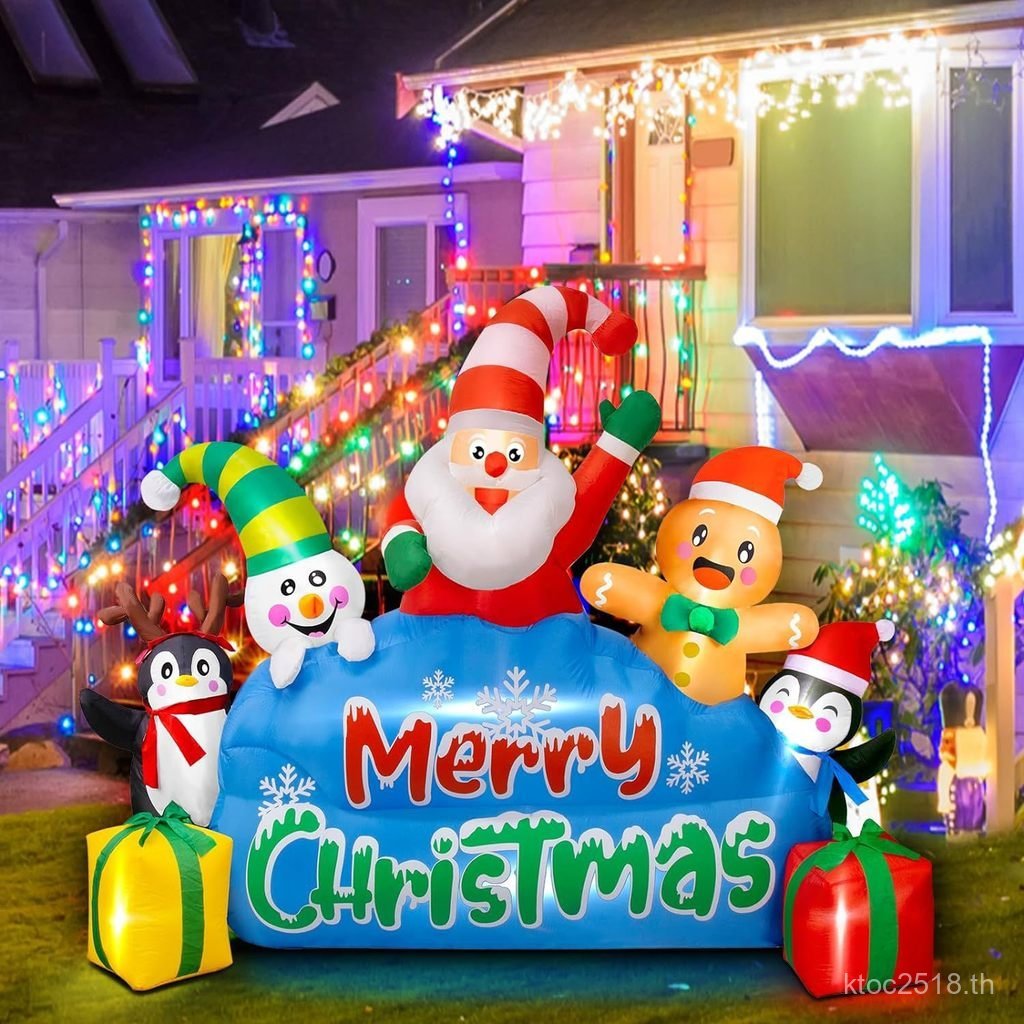 Penguin Snowman Gingerbread Man ตกแต่งสวน Inflatable Merry Christmas led Old Man Luminous แบนเนอร์ A