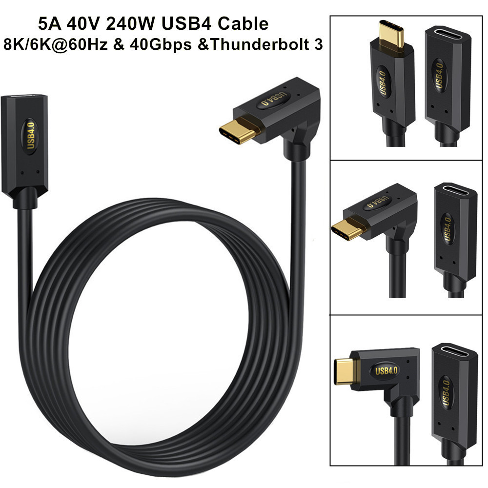 สาย USB 4.0 Type-C 0.3 M/0.6 M/1.0 M, USB-C ชายกับหญิงสายไฟ 90 องศาปลั๊กมุมรองรับ 40Gbps Data/8K @ 6