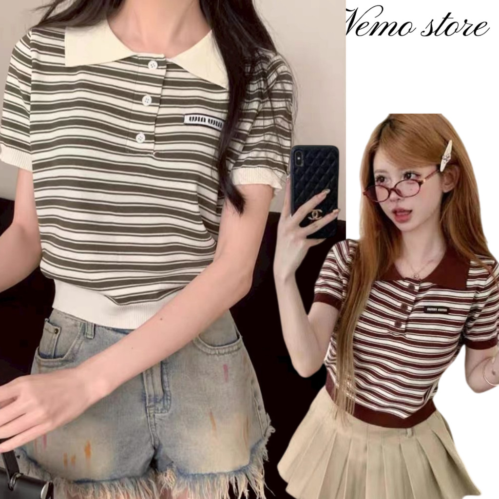 Nemo store🌸#W-T082 เสื้อครอปแขนสั้น ไหมพรม คอปก ลายทาง เรียบๆ