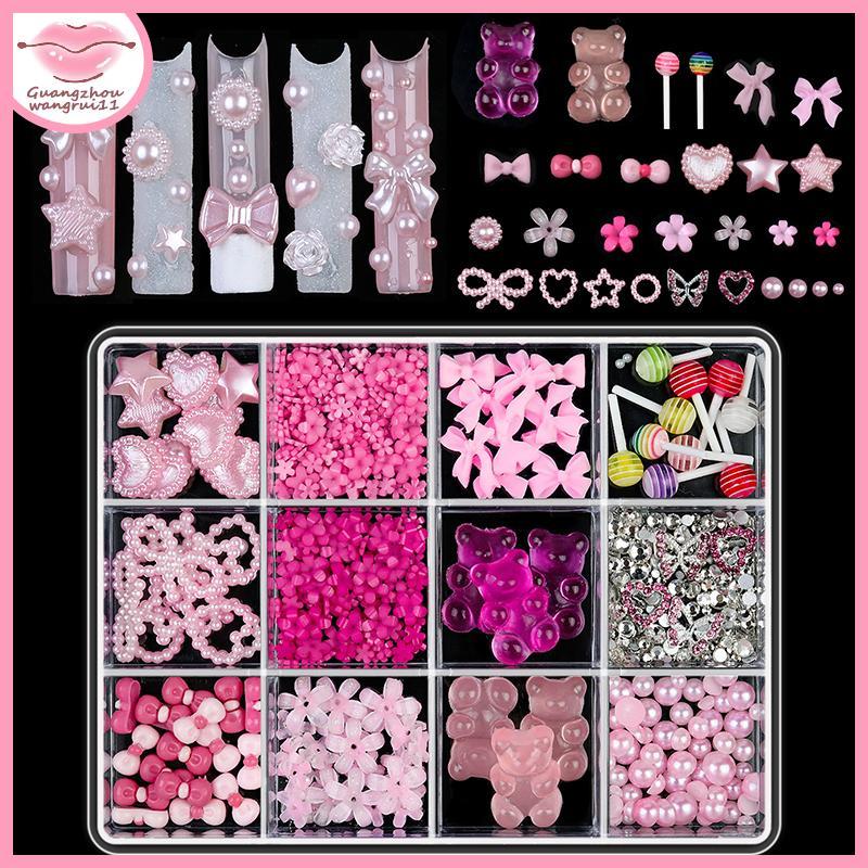 [GZ] 12 ตารางเล็บเรซิ่น Bowknot หมีเล็บ Art Charms Bowknots หัวใจดอกไม้ Diy Decor Lollipop 3D เล็บ R