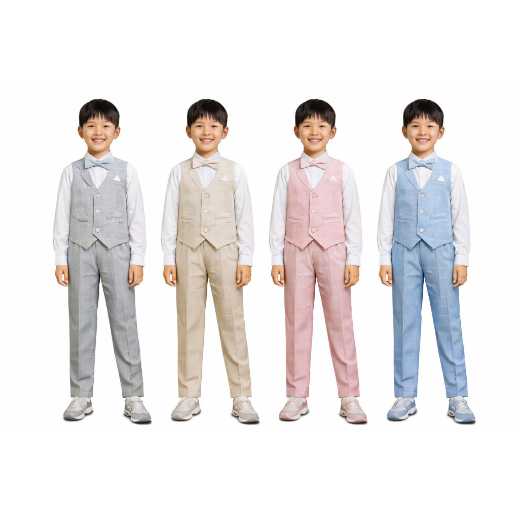 [ส่งจาก กทม] ชุดสูทออกงานเด็กผู้ชาย เสื้อกั๊ก สีฟ้า ชมพู ครีม เทา ได้ทั้งหมด 4 ชิ้น เสื้อกั๊ก กางเกง เสื้อเชิ้ตขาว โบว์