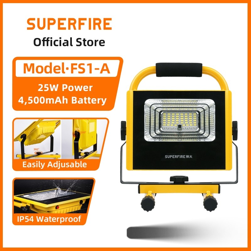 SUPERFIRE FS1-A ไฟสปอร์ตไลท์ LED 25W สว่างจ้า แบตเตอรี่ชาร์จได้ 4500mAh กันน้ำ ไฟฉายฉุกเฉิน กลางแจ้ง แคมป์ปิ้ง