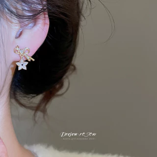 DREJEW ต่างหูผู้หญิง Bow & Star Rhinestone Drop ออกแบบแวววาว สวมได้ทุกวัน