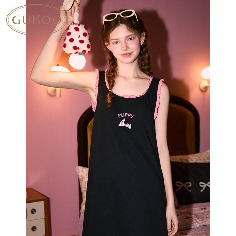 Gukoo/Nut Shell Nightdress ชุดนอนสำหรับผู้หญิงฤดูร้อน มาพร้อมแผ่นหน้าอกและแขนกุด ช่วยให้ดูเรียวบางแล