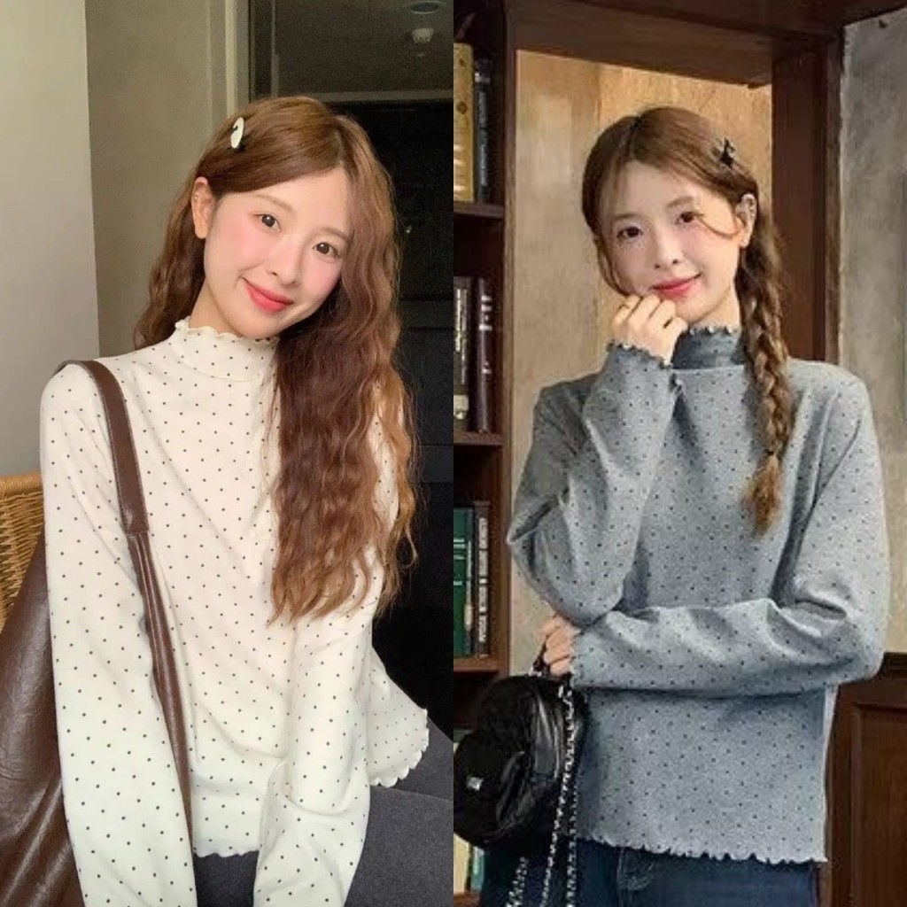 💝Bonnie💝เสื้อยืดแขนยาว คอเต่าเล็ก ดีเทลลายจุด สีขาวเทา เสื้อผู้หญิง สไตล์เกาหลี แฟชั่น ใสาสบาย พร้อมส่ง