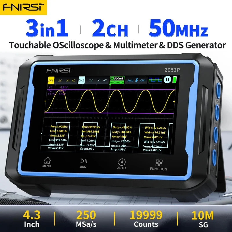FNIRSI 2C53P 3 in 1 Digital Handled Oscilloscope มัลติมิเตอร์สัญญาณเครื่องกําเนิดไฟฟ้าหน้าจอสัมผัส 2