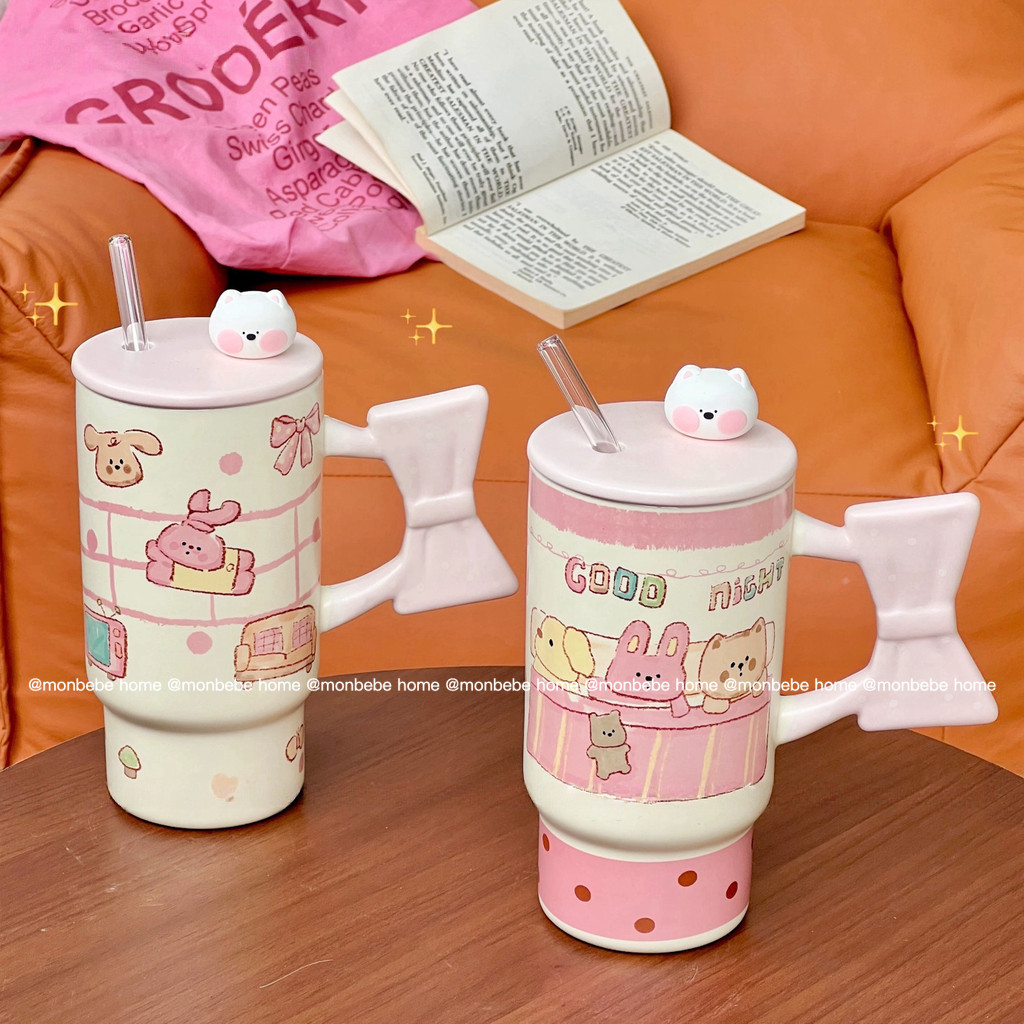แก้วนม แก้วกาแฟ มือจับโบว์น่ารัก มีฝาและหลอด ใช้ไมโครเวฟได้  มี 3 ลาย/2 ขนาดให้เลือก พร้อมส่ง