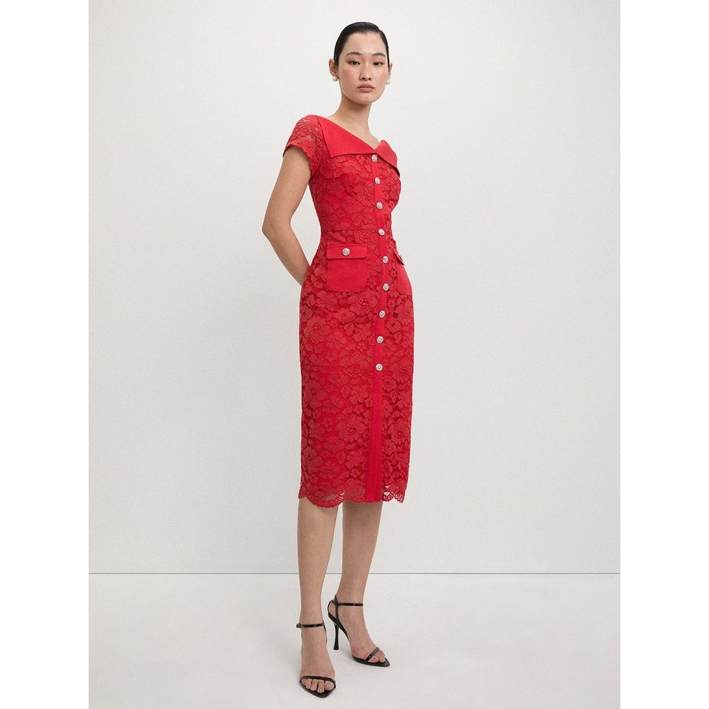 [Pomelo] เดรสผ้าลูกไม้ติดกระดุมพลอยเทียม / Lace Button-Up Midi Dress — صورة 2
