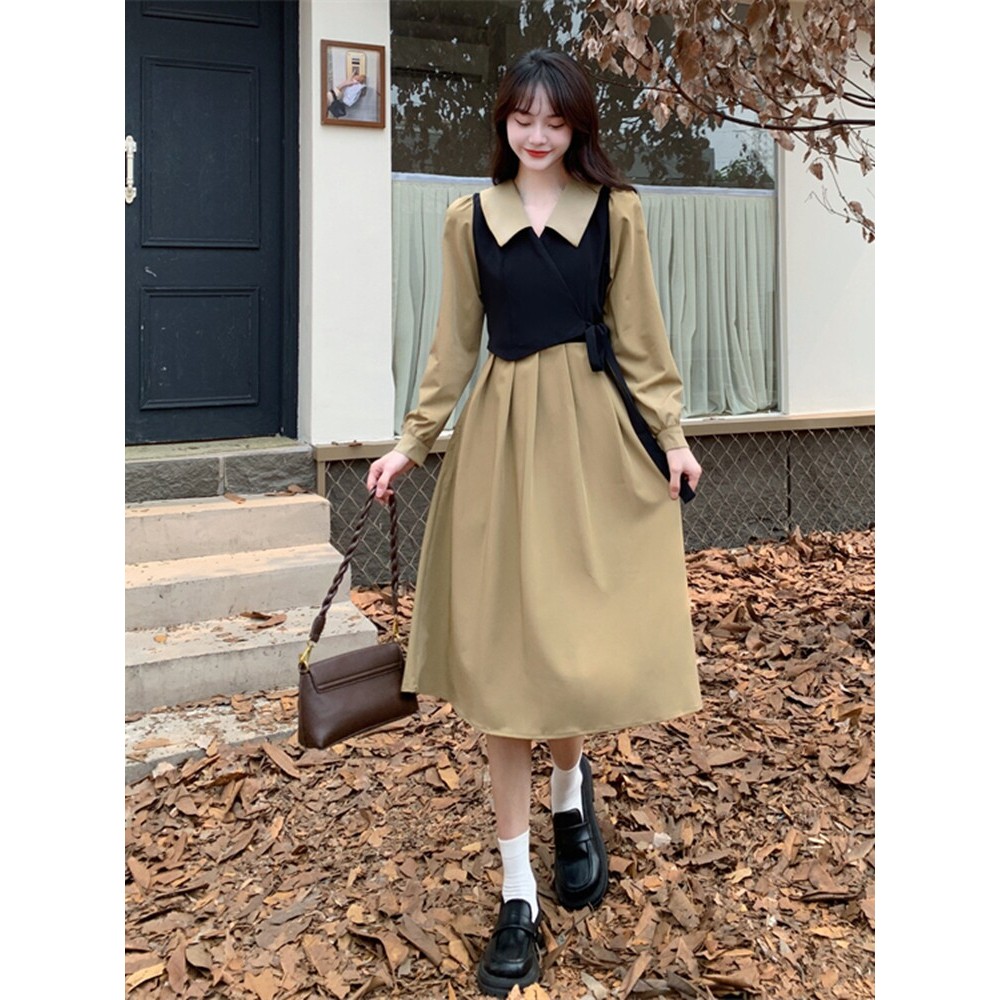 brown midi summer old money dress เดรสเกาหลี เดรสน่ารัก ยาว ทํางาน ไปทะเล ผู้หญิง dress ออกงาน คนอ้วน น่ารัก