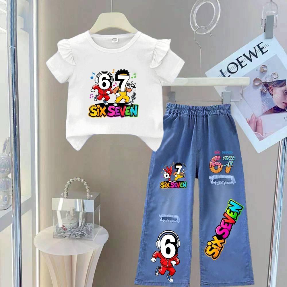 ชุดตามกระแส SIX SEVEN 67 ชุดเซ็ทเด็ก เสื้อแขนปีกนก+กางเกงยีนส์เทียม (ผ้าฝ้ายโพลี)