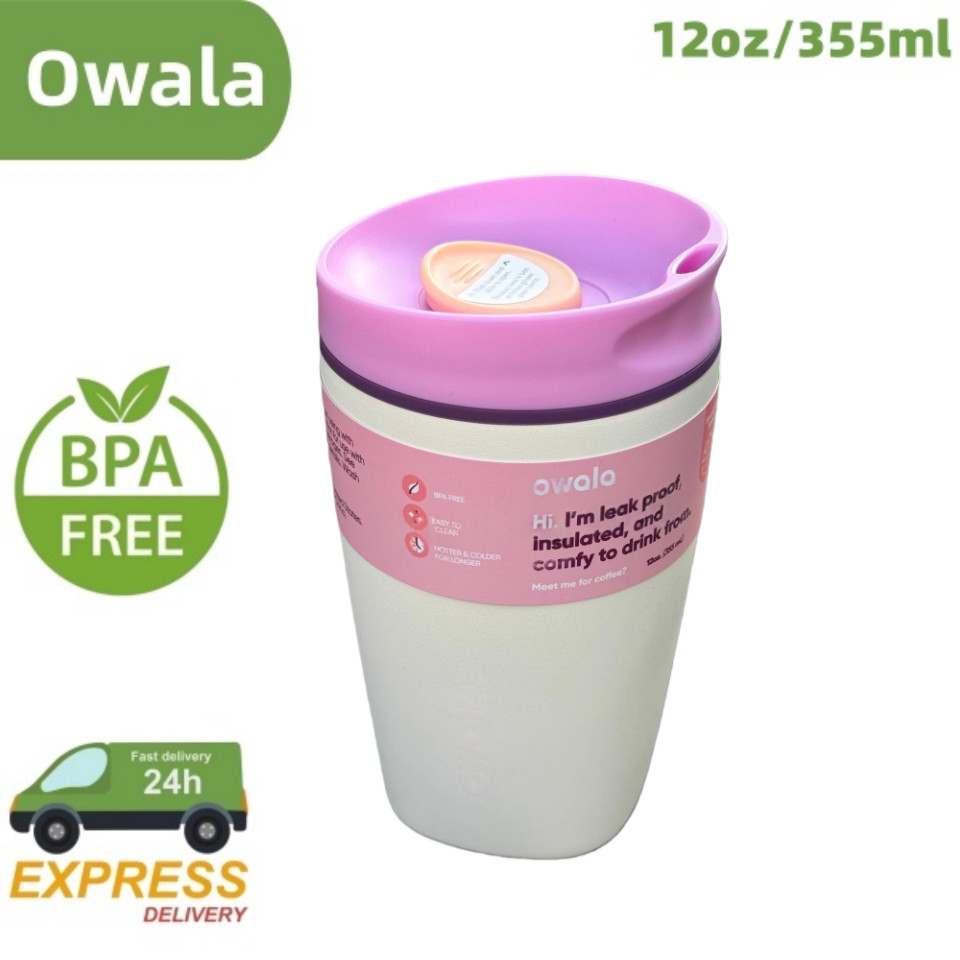 Owala SmoothSip Slider แก้วแบบล็อคได้ 12 ออนซ์ - แก้วน้ําหุ้มฉนวนพร้อมฝาปิดเลื่อนสําหรับทํางาน