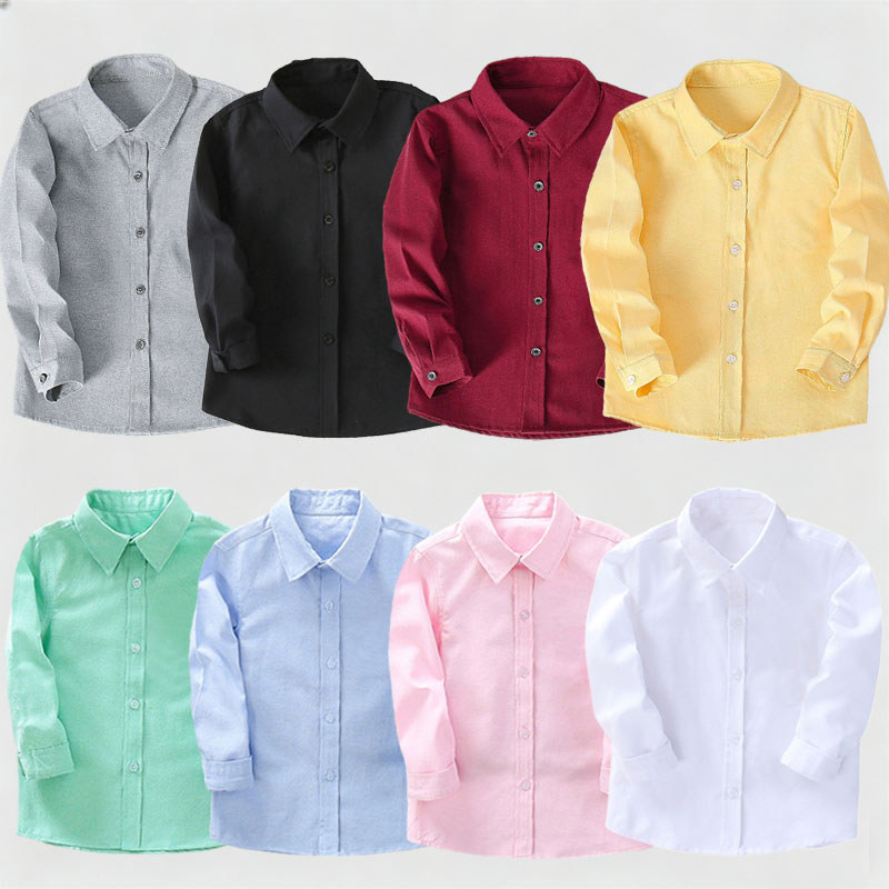 เสื้อเชิ้ตเด็กผู้ชายสีทึบ แขนยาว สำหรับฤดูใบไม้ร่วง