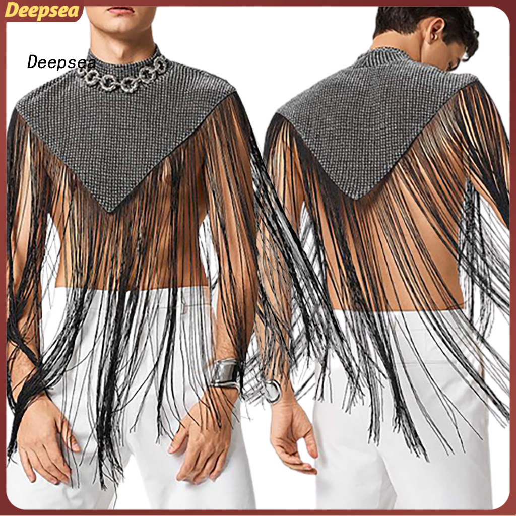 DPA Club Cape ผู้ชาย สไตล์พู่ยาวแขนกุด พร้อมคอปกประกายระยิบระยับ เหมาะสำหรับการแสดงและการเต้นรำในคลั