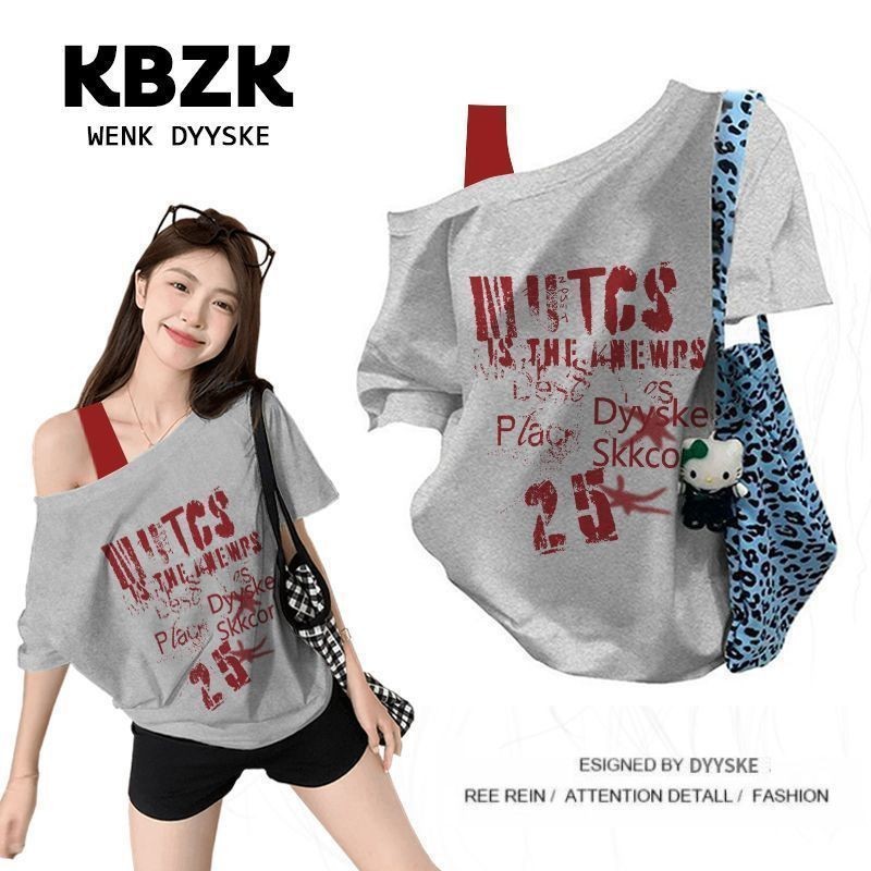 甜美风学生运动新款夏季印花ins假两件短袖t恤女斜肩宽松跑步上衣Sweet style student sports new summer print i jxdqOxMdxN0130