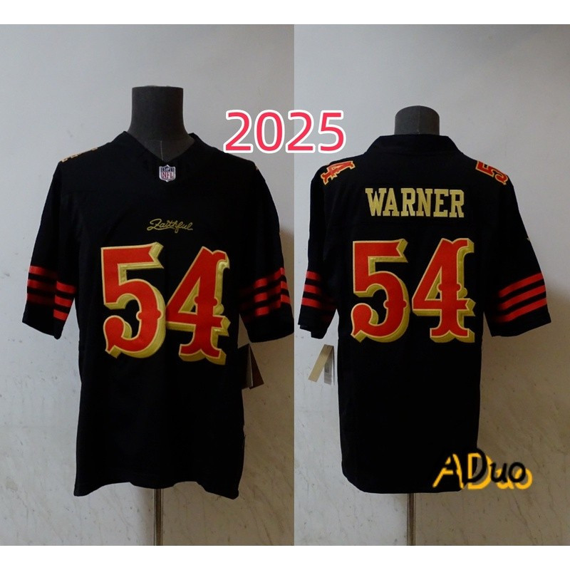 เสื้อยืด San Francisco 49ers 54 Soccer Fred Warner Black 2025 Rivalries Collection