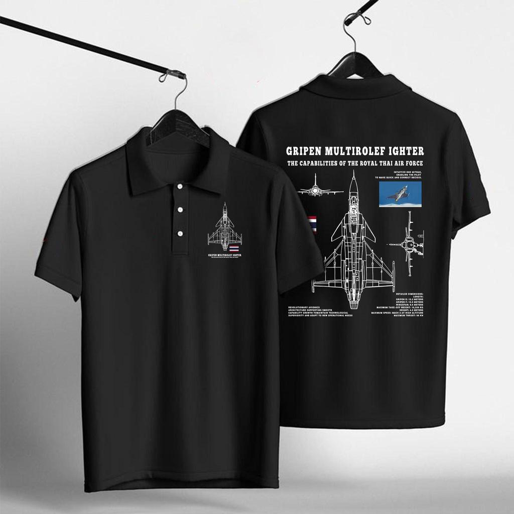 โปโลชาร์ต Saab Gripen กองทัพอากาศไทย สีดำ ลายแผนภาพเครื่องบินรบ สําหรับคนรักการบิน