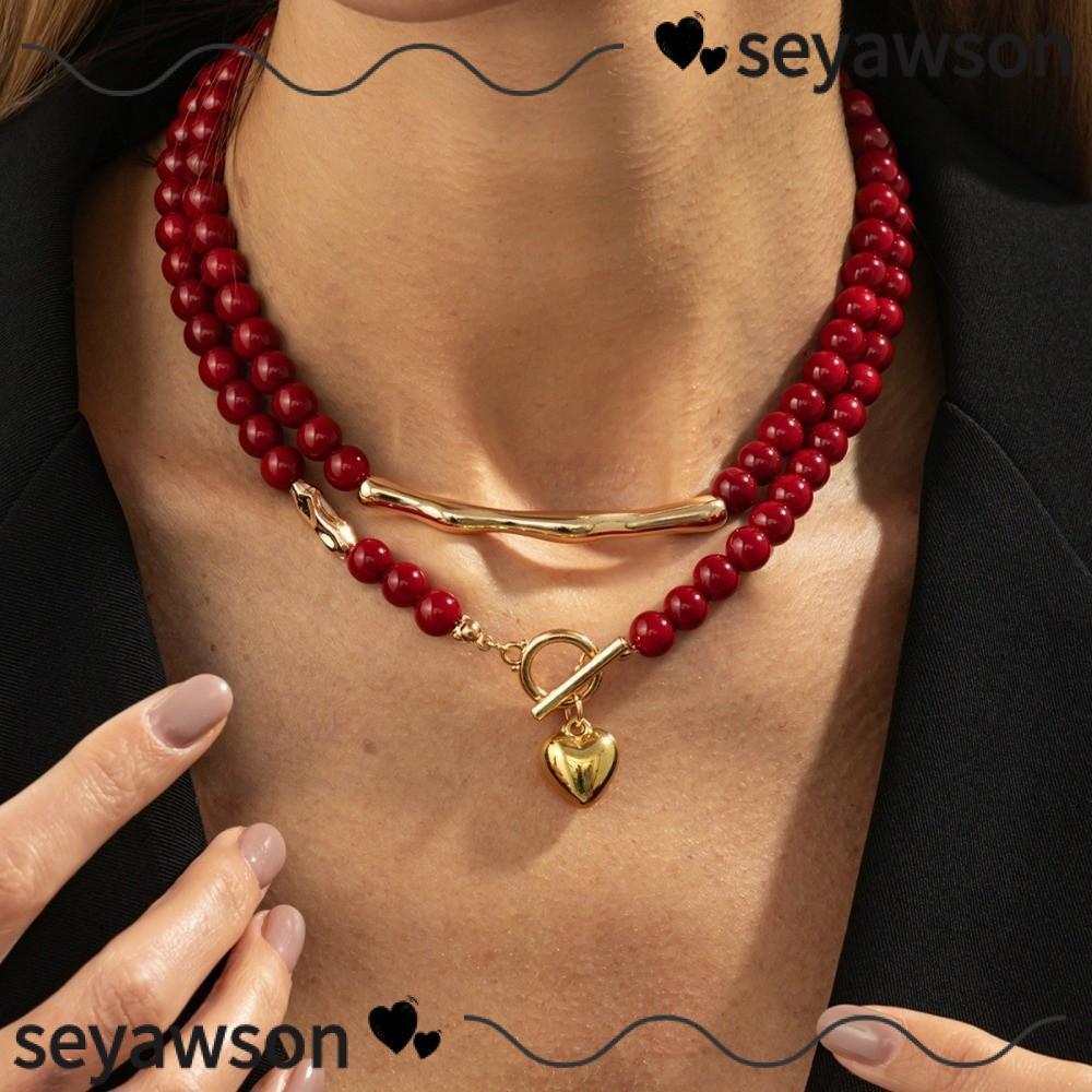 SEYAWSON 2 ชิ้น/เซ็ต Goth Choker, OT หัวเข็มขัดสีแดงลูกปัดพลาสติก Love Heart สร้อยคอ, Vintage Love H