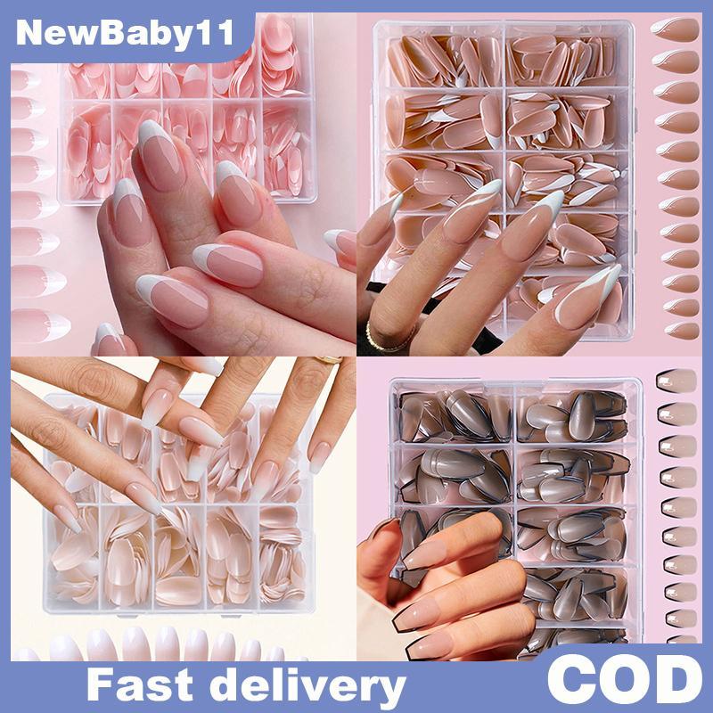 NY 120/240/360 ชิ้น/กล่อง Glossy Soft Gel สีชมพูเล็บฝรั่งเศสเคล็ดลับขนาดกลางอัลมอนด์สีขาวเรียบง่ายกด