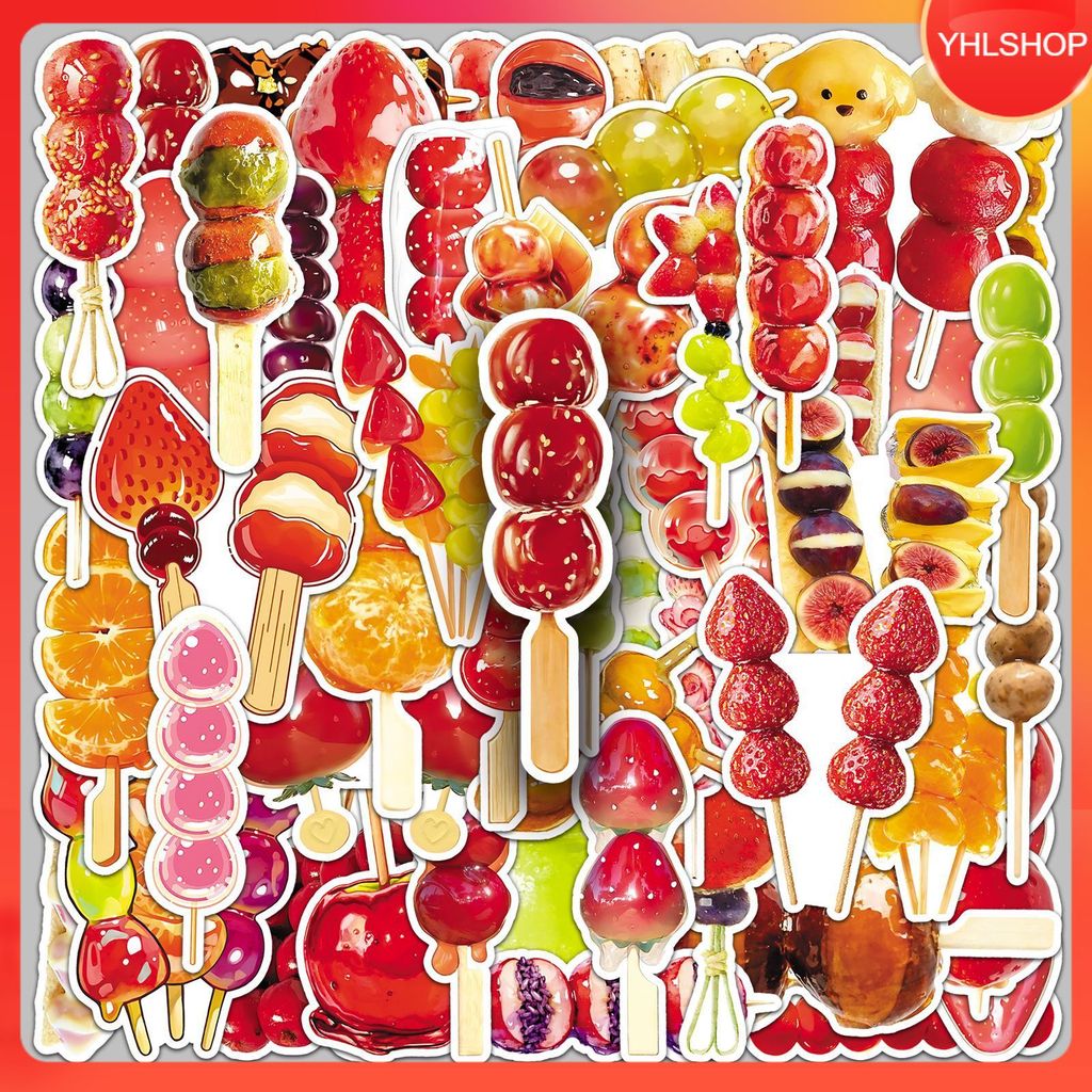 🎭พร้อมส่ง🎭 50แบบ Sticker ผลไม้สดเสียบไม้เคลือบน้ำตาล Tanghulu candied hawthorn food dessert cartoon 