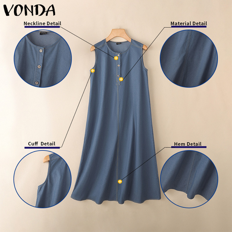 VONDA ดRESS แขนกุดสไตล์เกาหลีย้อนยุคสำหรับผู้หญิง ทรงแม็กซิ คอครึ่งปุ่ม เปิดหน้าอก สไตล์ STREET ใส่สบายในฤดูร้อน — صورة 7