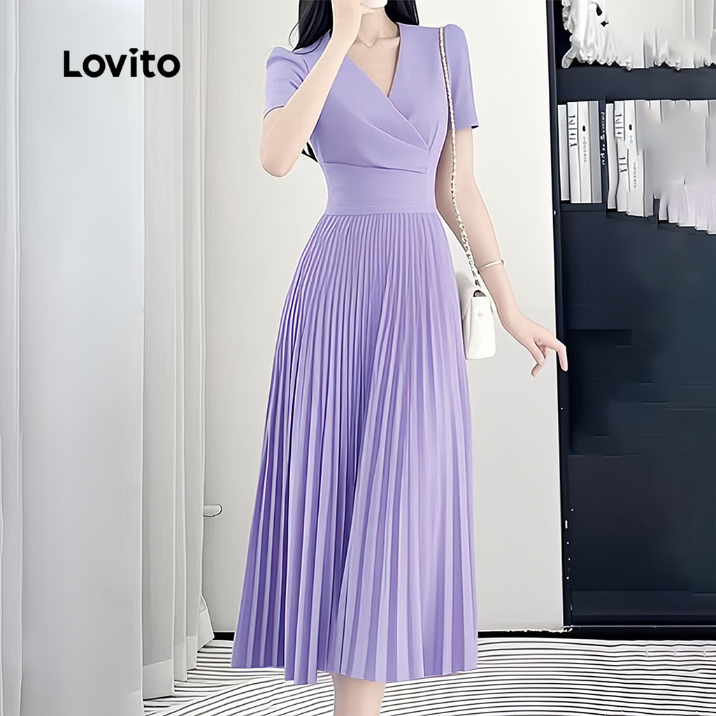 Lovito ชุดเดรสหรูหราพับแขนซิป นุ่มสบาย ฤดูใบไม้ผลิ/ฤดูร้อน สีม่วง L137ED032 - รูปที่ 2