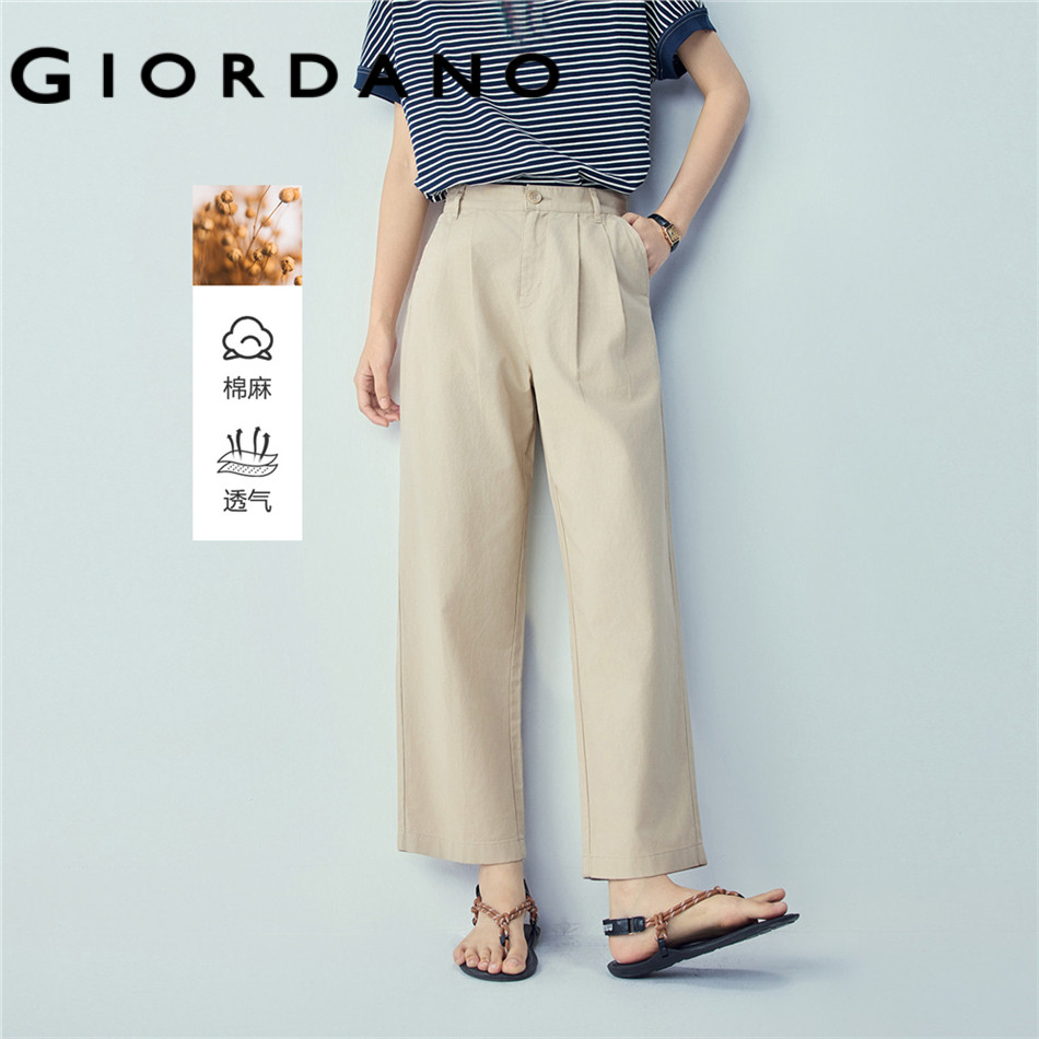 GIORDANO WOMEN Cotton linen pleated high waist pants 05426333