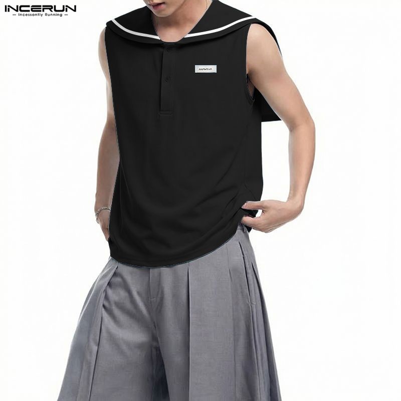 INCERUN เสื้อแขนกุดผู้ชาย สไตล์เกาหลีทหาร ออกแบบด้วยแพตช์เวิร์คและลายทางตัดกัน