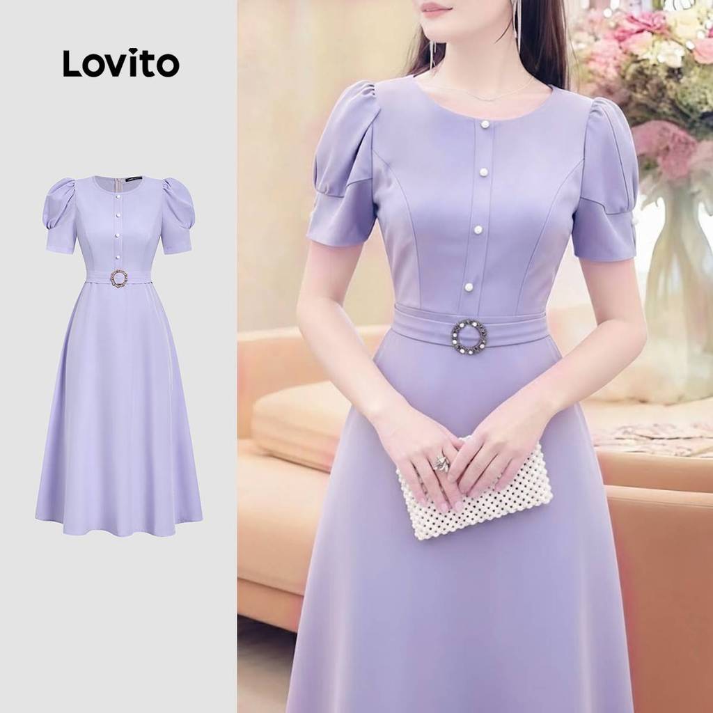 Lovito  ชุดลําลอง เดรสมีเข็มขัด สีม่วง สําหรับผู้หญิง L171ED065