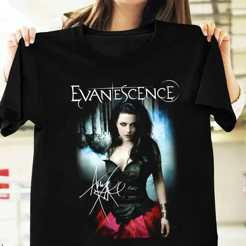 Evanescence Amy Lee Mens Signed Graphic T-Shirt - Exclusive band signature print เสื้อยืดแขนสั้น le