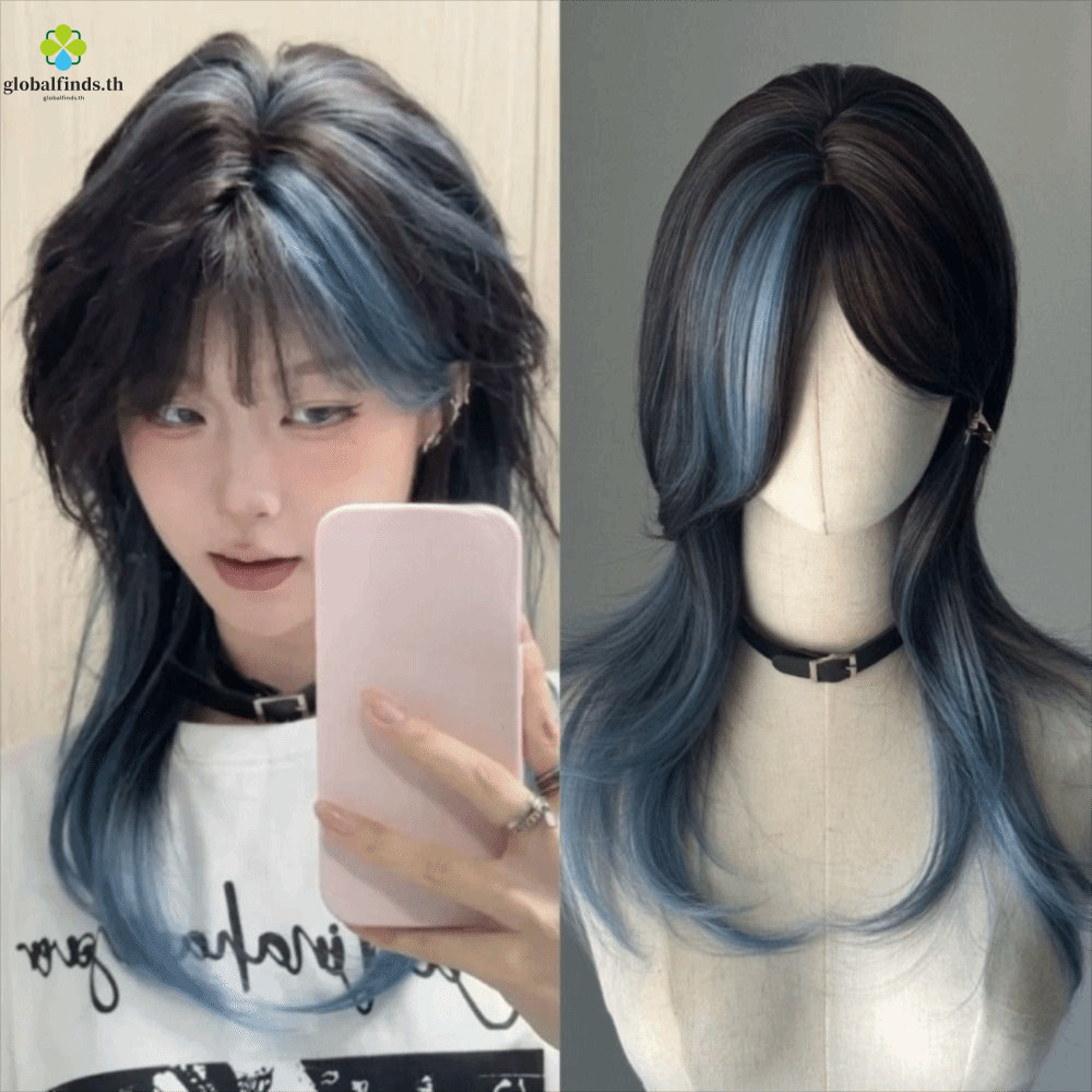 วิกผม LPN สีดำและสีฟ้า สไตล์โลลิต้า ออกแบบให้เหมือนผมจริง ระบายอากาศได้ดี สำหรับคอสเพลย์และสวมใส่วัน