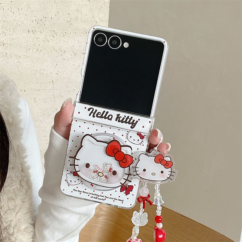 การ์ตูน Wave Point Hello Kitty Magnetic Bracket จี้เคสโทรศัพท์สําหรับ Samsung Galaxy Z Flip 7 6 5 4 