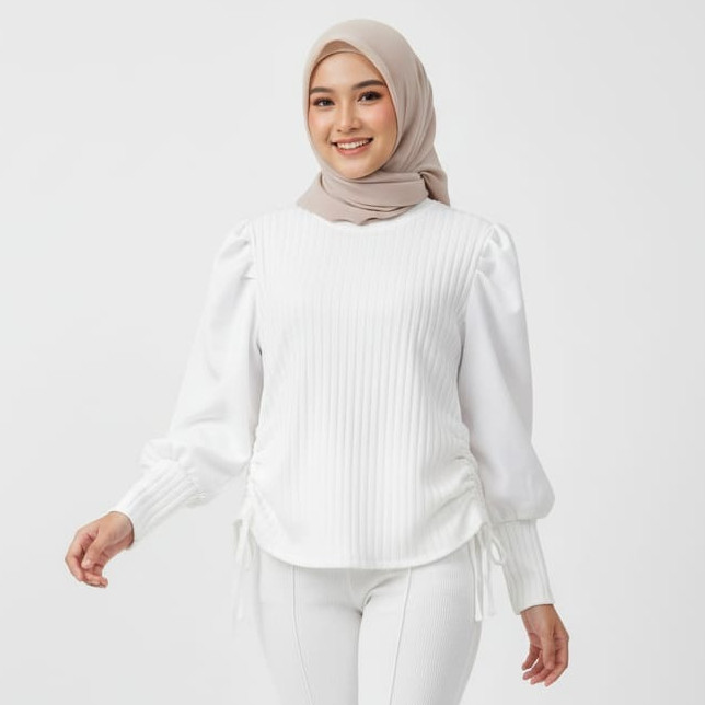 Keenan Puff Long Sleeve Womens Puffy Blouse with Side Drawstring and Ball Sleeves