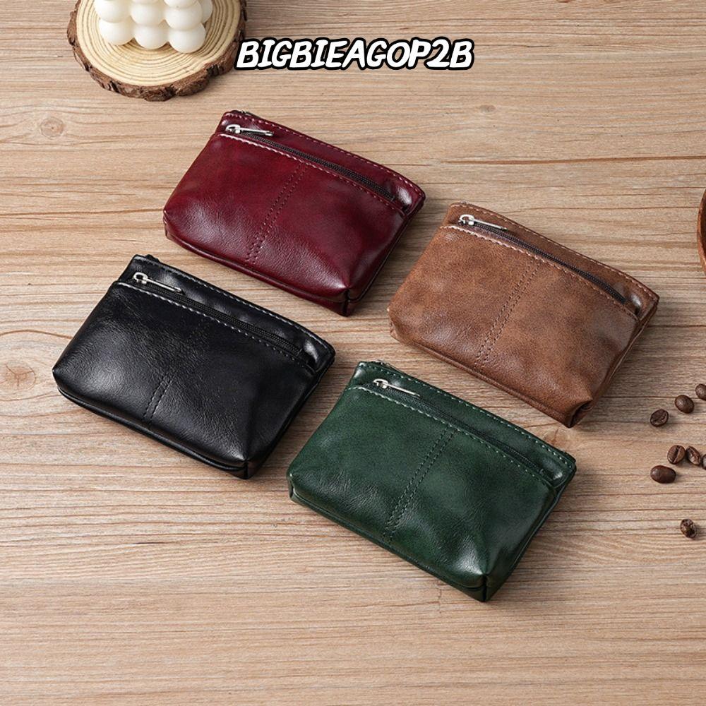 BIGBAIEGOP2B Zero Wallet, PU Leather Vintage Coin Purse, Zipper Solid Color Card Bag