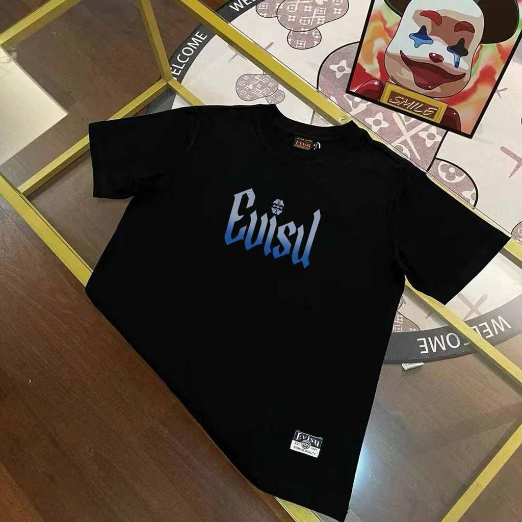 Evisu ผู้ชายผู้หญิงพิมพ์เสื้อยืดกีฬาเสื้อยืด High-End เสื้อยืดคู่เสื้อยืด All-Match Street สไตล์อเมร