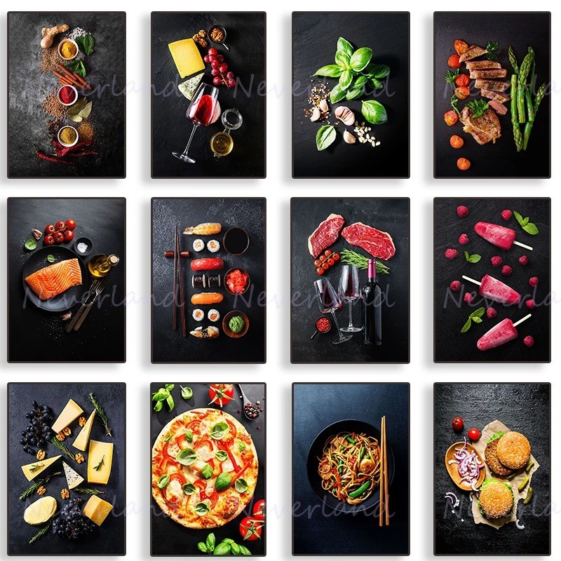 แซลมอนเนื้อสเต็กไก่ซูชิครัวซองต์อาหารโปสเตอร์ผ้าใบจิตรกรรมพิมพ์ภาพผนังศิลปะสําหรับห้องครัวร้านอาหารตกแต่งผนัง