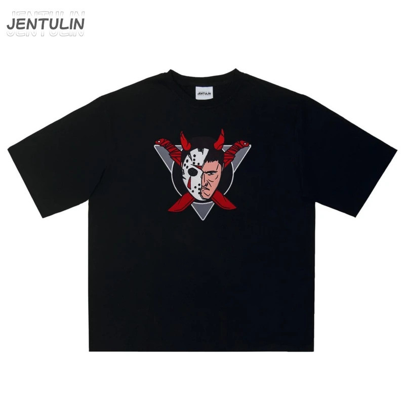 เสื้อยืดผู้ชายสไตล์ฮาราจูกุโอเวอร์ไซส์ ลายการ์ตูน CMH พิมพ์ลายกราฟิก เสื้อผ้าคอตตอนสไตล์ฮิปฮอป แขนสั