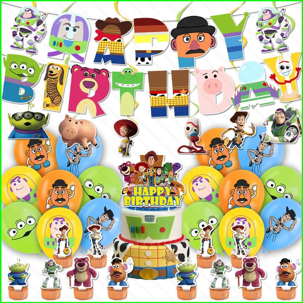 Toy Story ตกแต่งงานเลี้ยงวันเกิดแบนเนอร์เค้ก topper ลูกโป่ง swirls ชุดอุปกรณ์