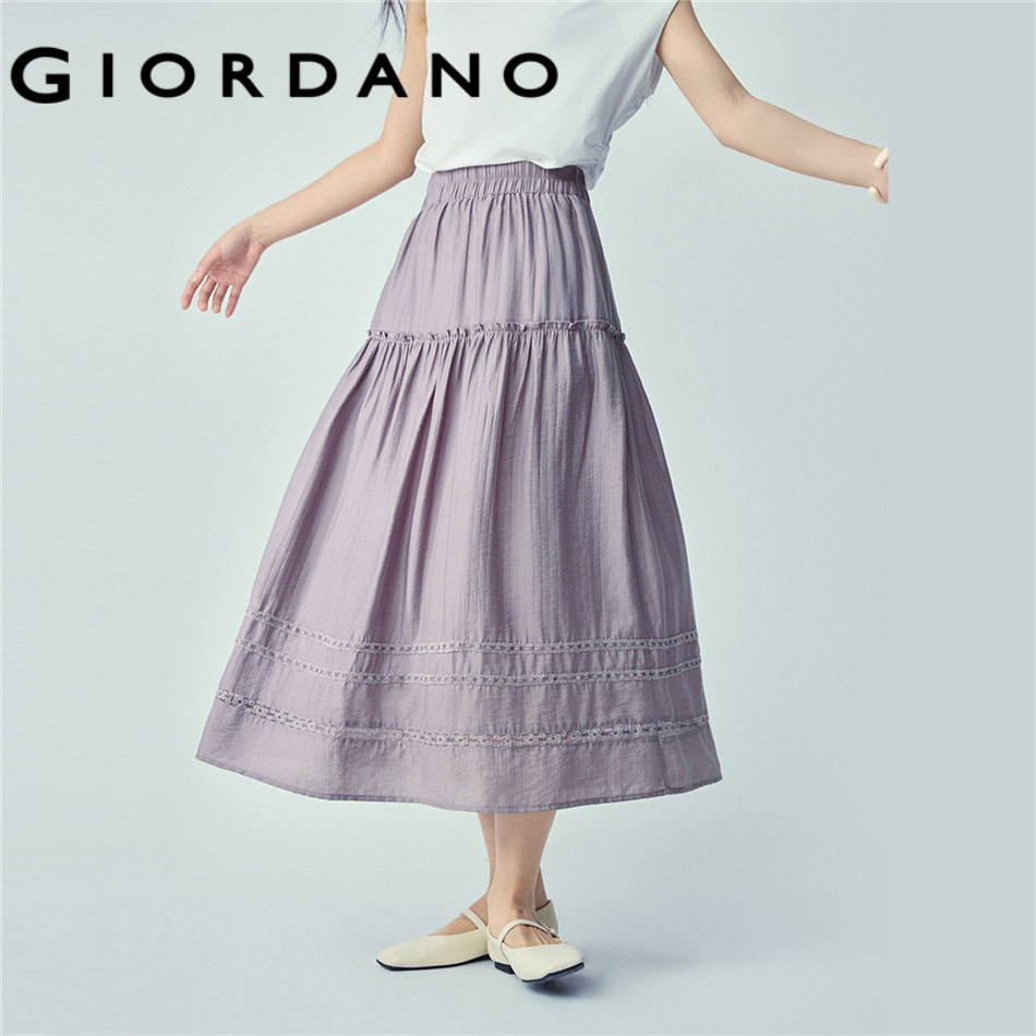 GIORDANO WOMEN Ruffle trim lace inset elastic waist maxi skirt 05466071