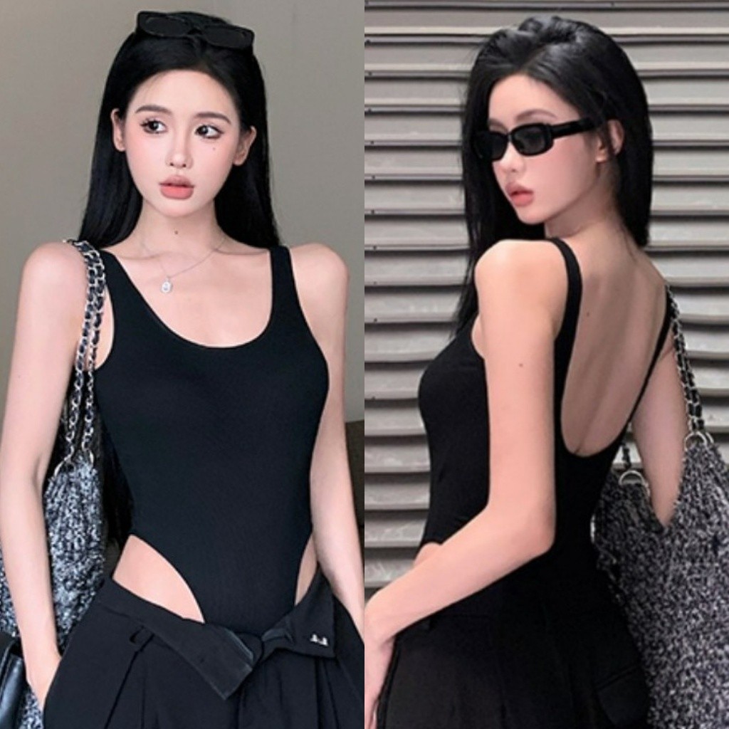 🍋Evelyn🍋ชุดบอดี้สูท สีพื้น เซ็กซี่ มีฟองน้ำ เว้าหลัง ผ้ายืด เข้ารูป เสื้อแขนกุด สไตล์เกาหลี ผู้หญิง