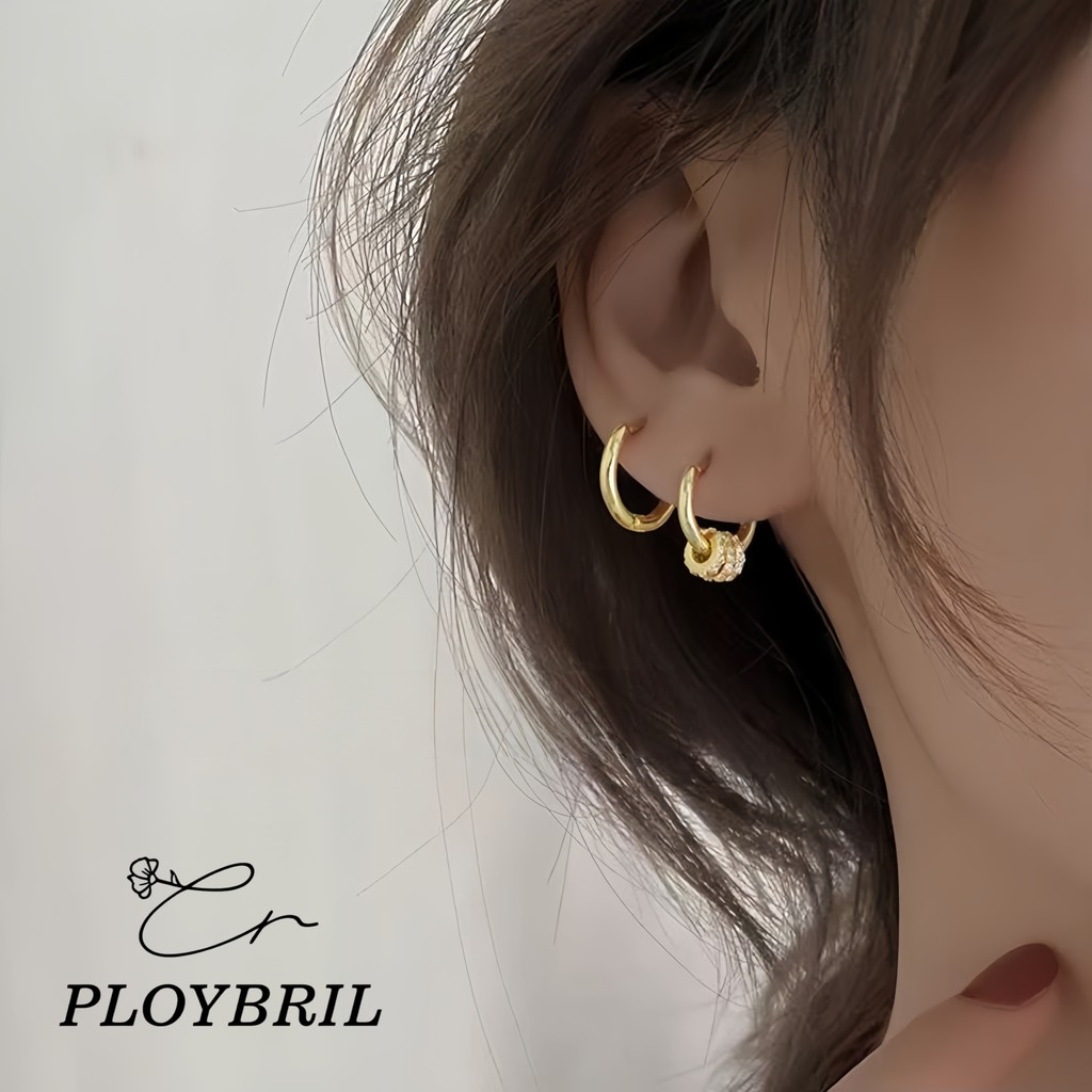 PLOYBRIL littlegirl gifts-Diamond small circle earrings s925 ต่างหูเงินแท้แบบห่วงประดับเพชร3วง E010