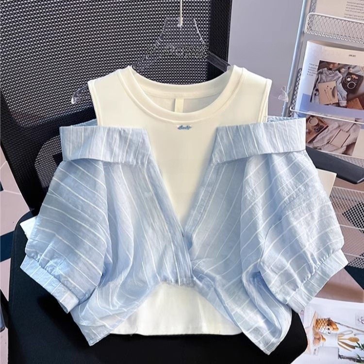 เสื้อแขนสั้นเด็กผู้หญิงสองเสื้อปลอม Cause Stripe เสื้อ