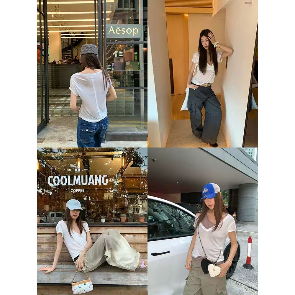 <Moses Queen> เสื้อยืดแขนสั้นคอวีทรงเรโทรแบบอเมริกันสำหรับผู้หญิง ทรงเข้ารูป สวมใส่สบาย เหมาะสำหรับฤดูร้อน ราคาถูก Shopee Lazada