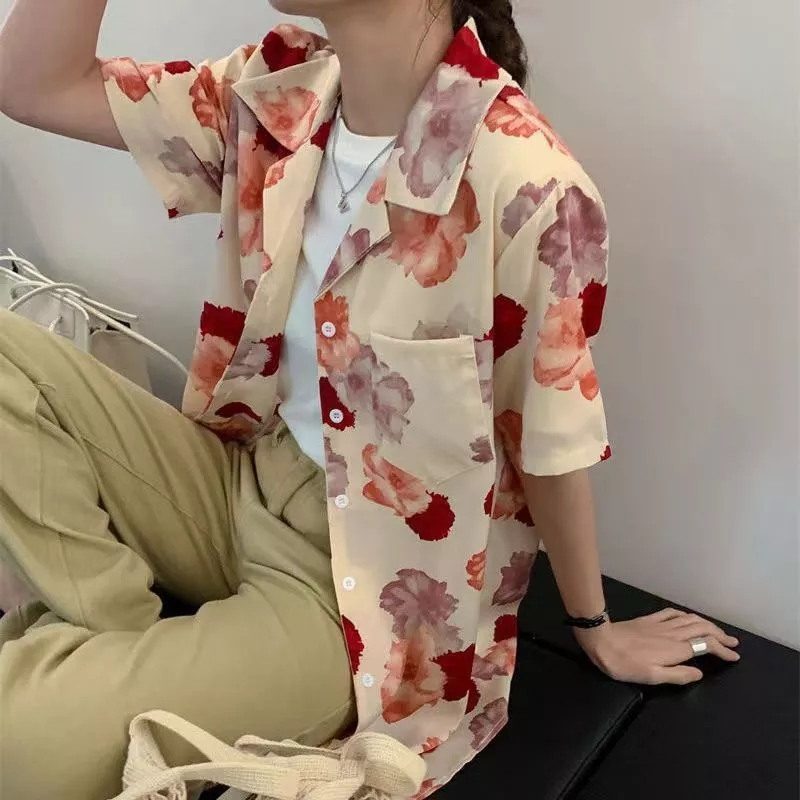 เสื้อเชิ้ตแขนสั้นคอวีลายดอกไม้ สไตล์ย้อนยุคผู้หญิง thumbnail 5