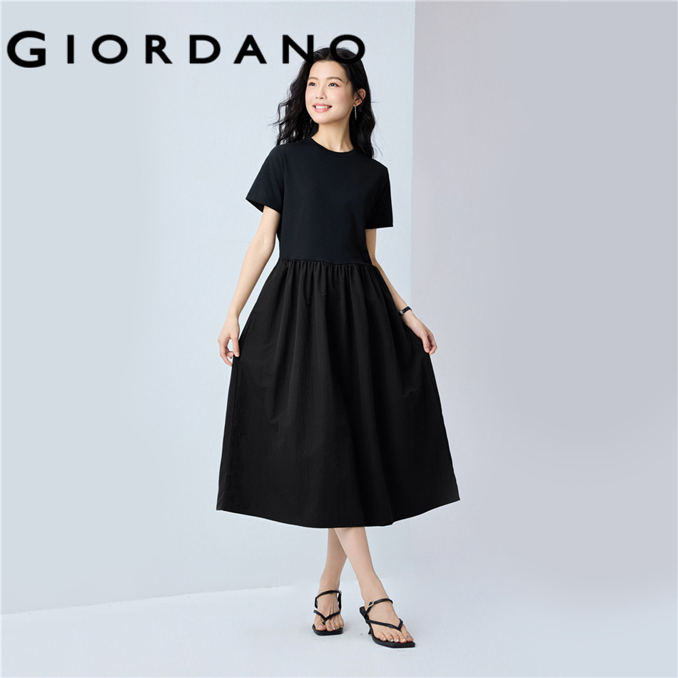 GIORDANO WOMEN Crewneck short sleeve knit spliced midi dress 13466307
