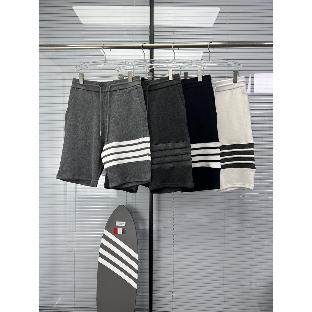 Waffle Four-Bar Striped Tethered Cuff สีทึบกระเป๋ากางเกงกางเกงขาสั้นสวมใส่สบาย