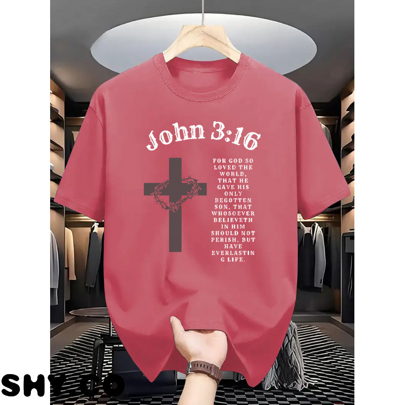 แฟชั่น1pc Unisex Christian Graphic T-Shirt with John 3:16 Bible Verse & Cross Design - Vibrant Red C