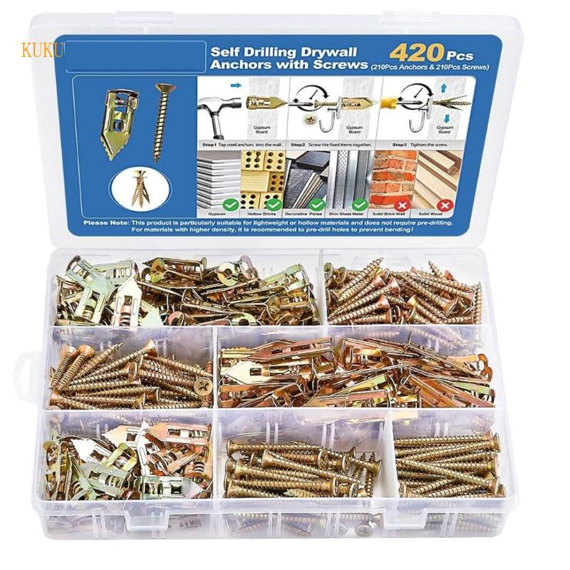 KU * 420 ชิ้นเจาะ Drywall Anchors และสกรู Hollow Wall Anchors และสกรูสําหรับยิปซั่มบอร์ดและแผง